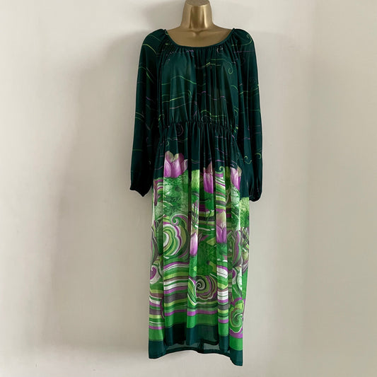 Vintage Elida Made in England Purple and Green balloon sleeve sheer maxi dress with water lilies floral design