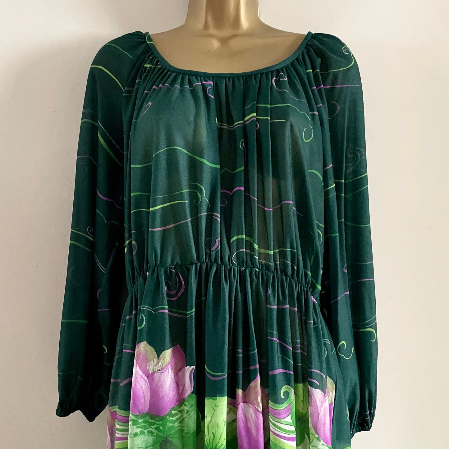 Vintage Elida Made in England Purple and Green balloon sleeve sheer maxi dress with water lilies floral design