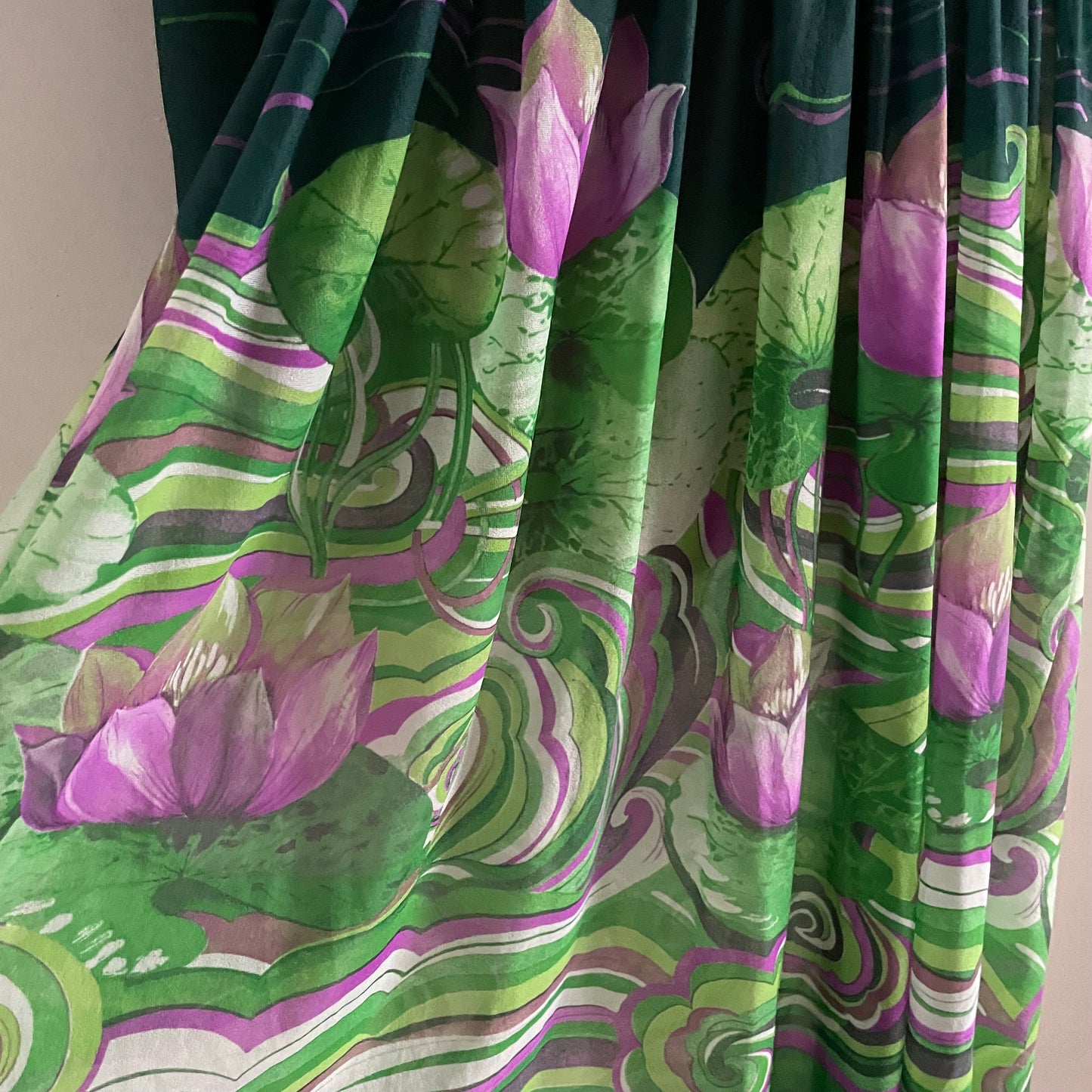 Vintage Elida Made in England Purple and Green balloon sleeve sheer maxi dress with water lilies floral design