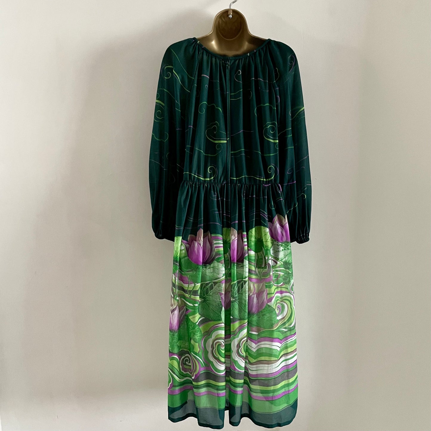 Vintage Elida Made in England Purple and Green balloon sleeve sheer maxi dress with water lilies floral design