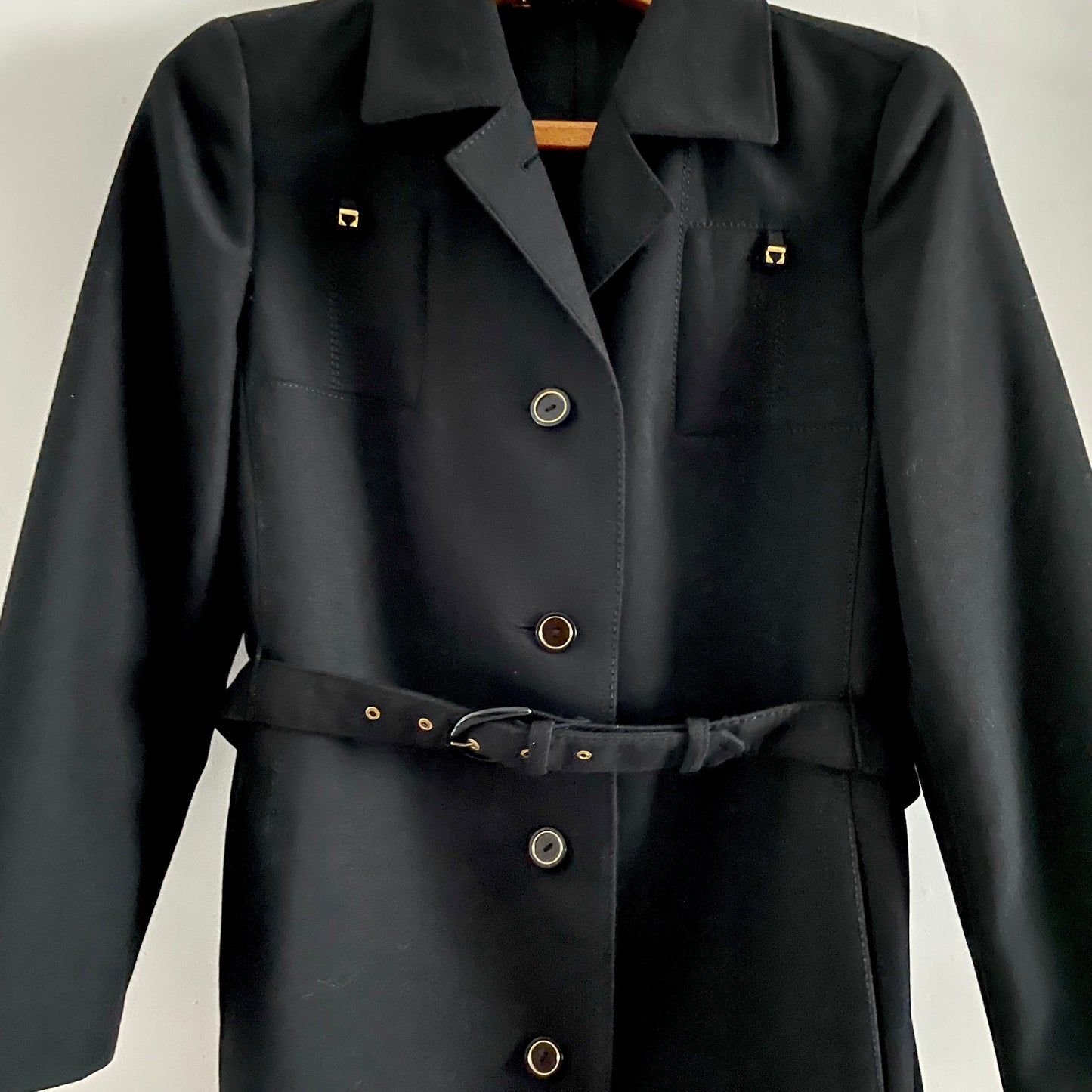 Vintage Goldix Modell Black mid-length trench coat with gold buttons and matching belt