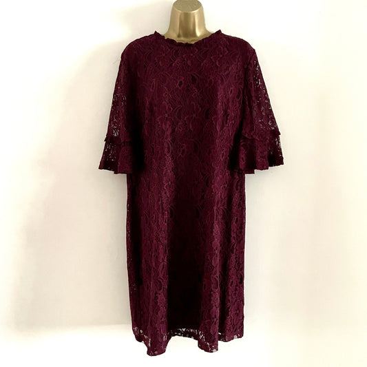 Preloved Burgundy Lace Overlay High Neck Mini Dress Midi Sleeves with Ruffle.