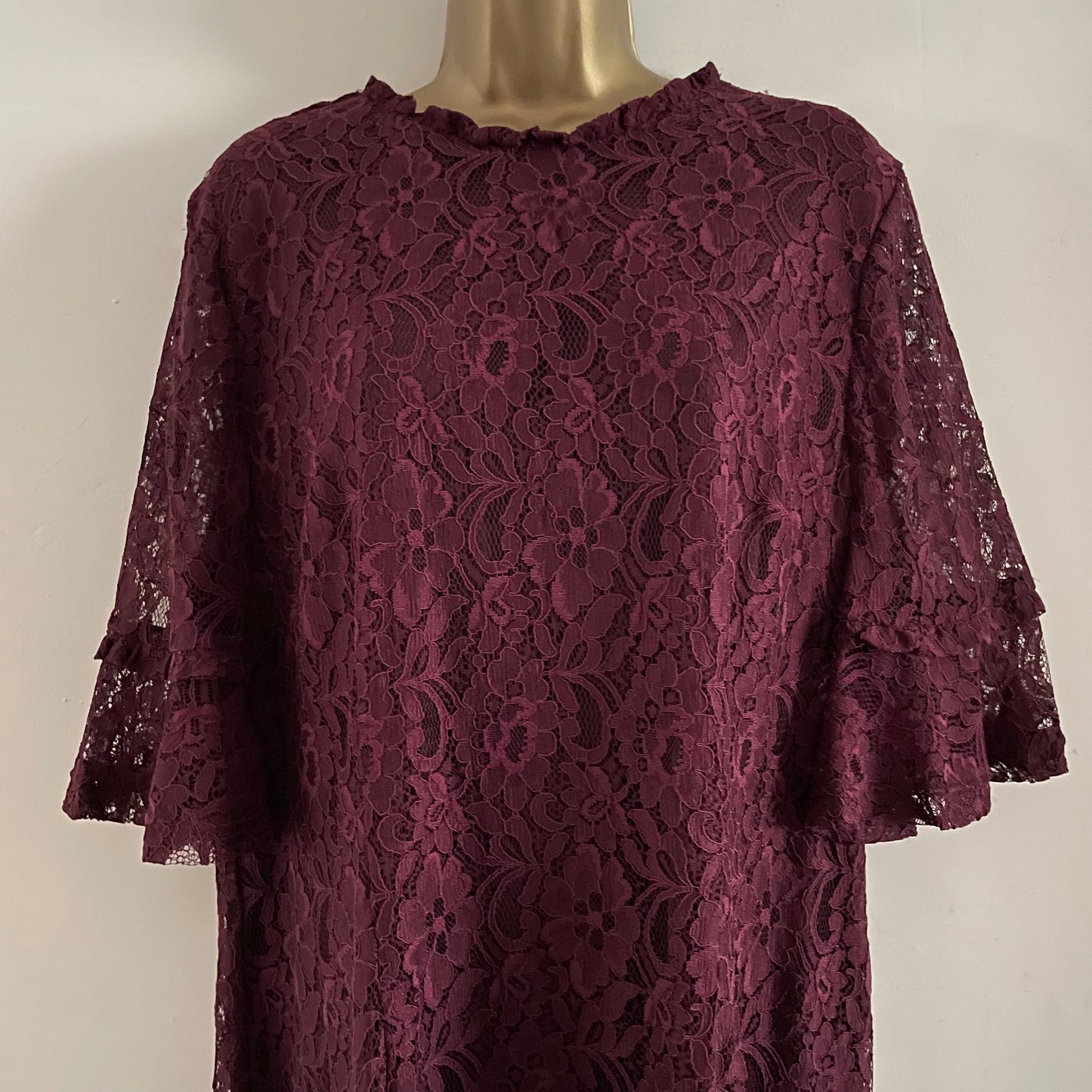 Preloved Burgundy Lace Overlay High Neck Mini Dress Midi Sleeves with Ruffle.