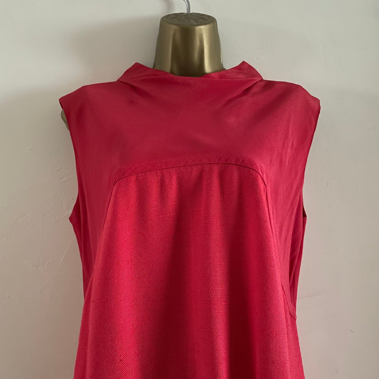 Preloved Red Knitted and Fabric Shift Dress Knee Length Sleeveless Handmade.