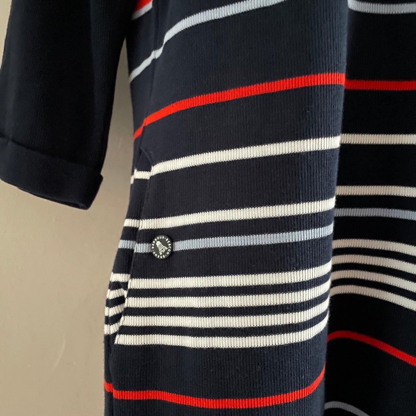 Preloved BNWT Striped Barbour Dress Sailor Nautical Navy Blue Red & White Knitted.