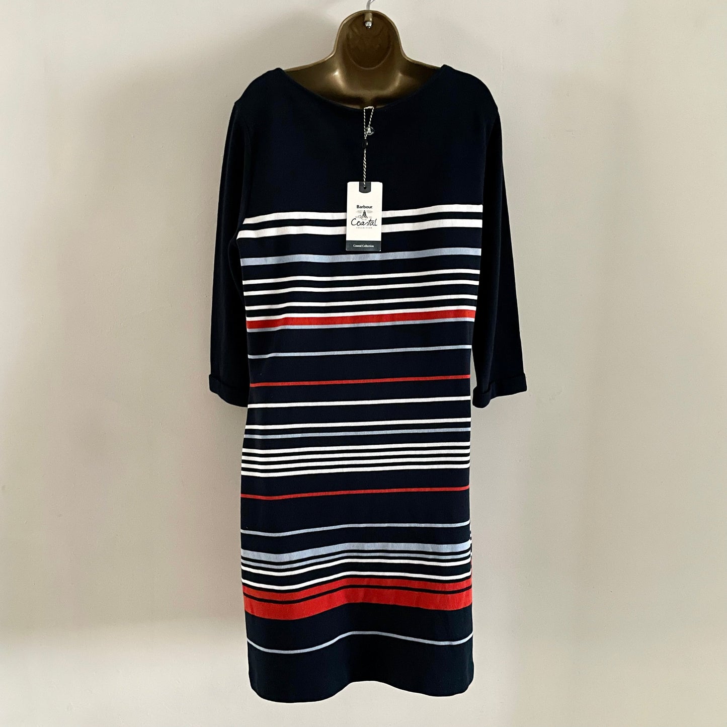 Preloved BNWT Striped Barbour Dress Sailor Nautical Navy Blue Red & White Knitted.