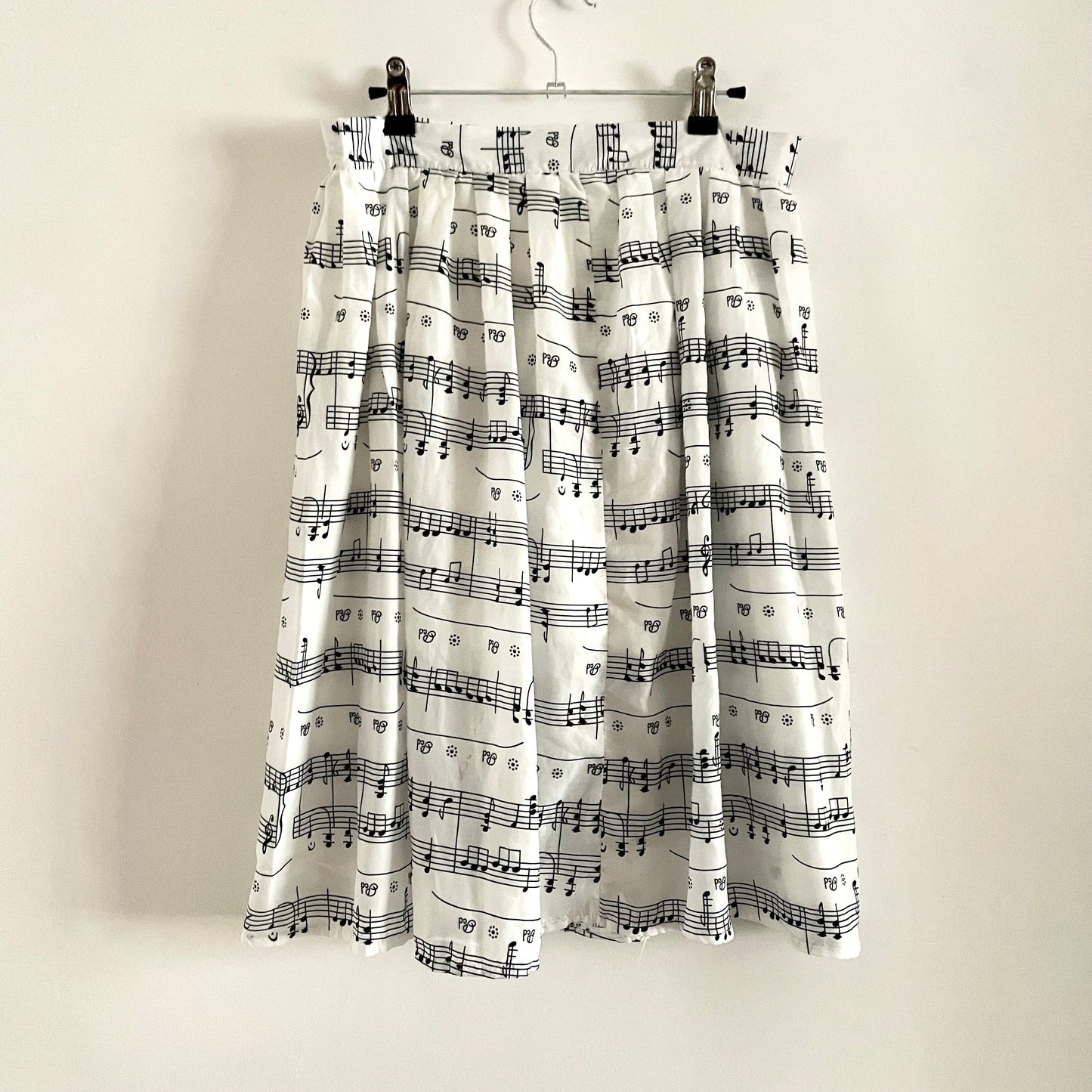 Vintage Musical Note Skirt A-line Lined Black & White Zip Closure Skirt