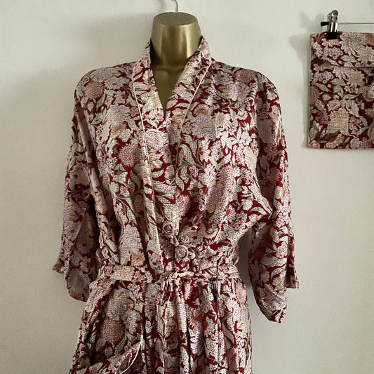 Vintage Dressing Gown Robe Block Print Style Handcrafted Floral Pattern with Matching Bag.