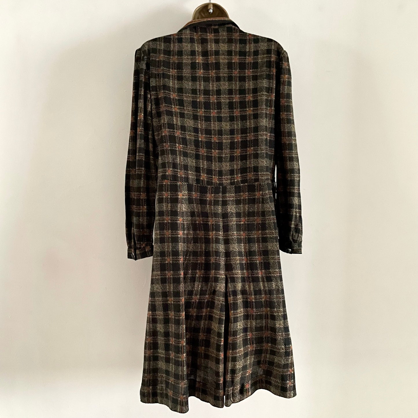 Preloved Black Orange & Brown Check Shirt Dress Long Sleeves Midi Buttons Pockets Zip.