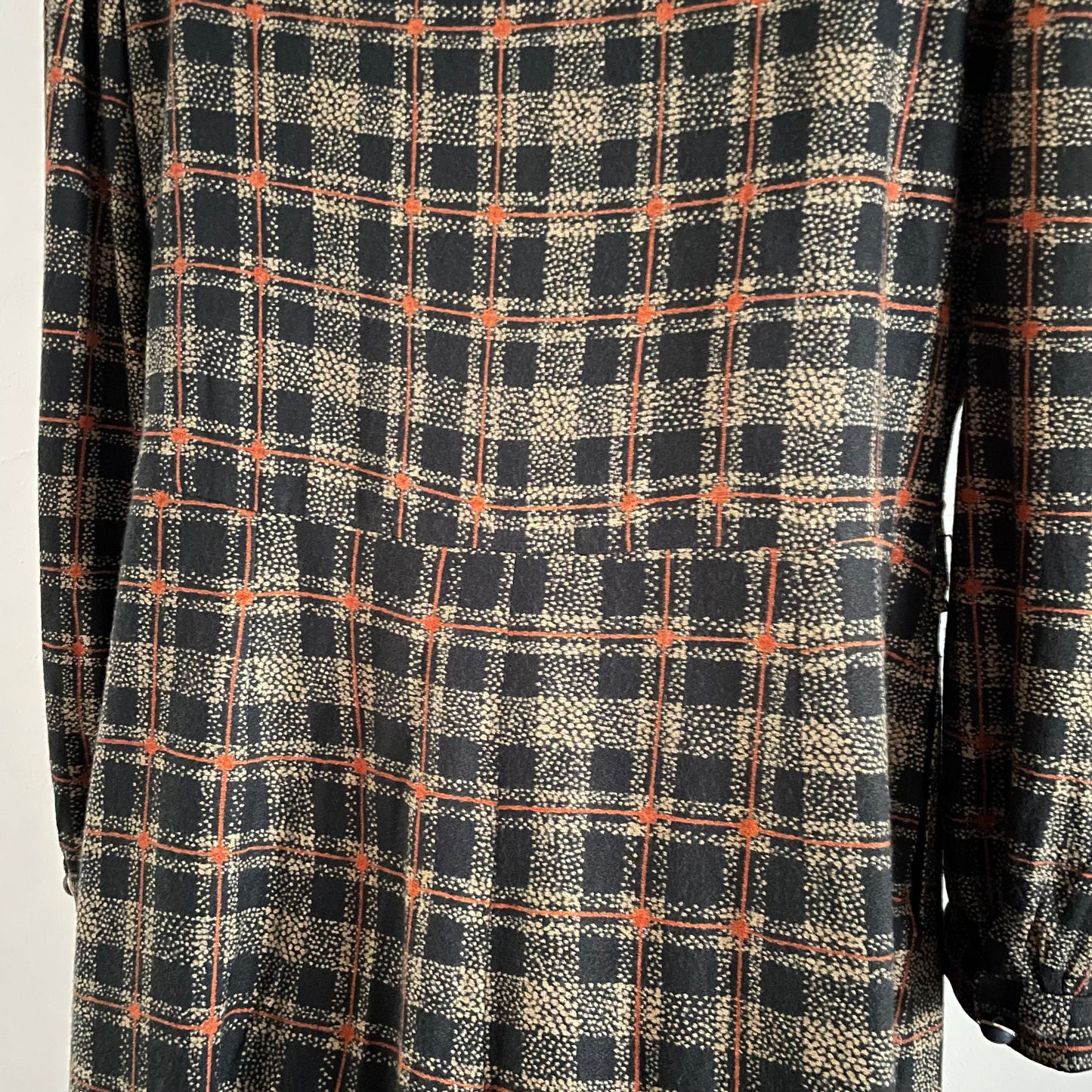 Preloved Black Orange & Brown Check Shirt Dress Long Sleeves Midi Buttons Pockets Zip.