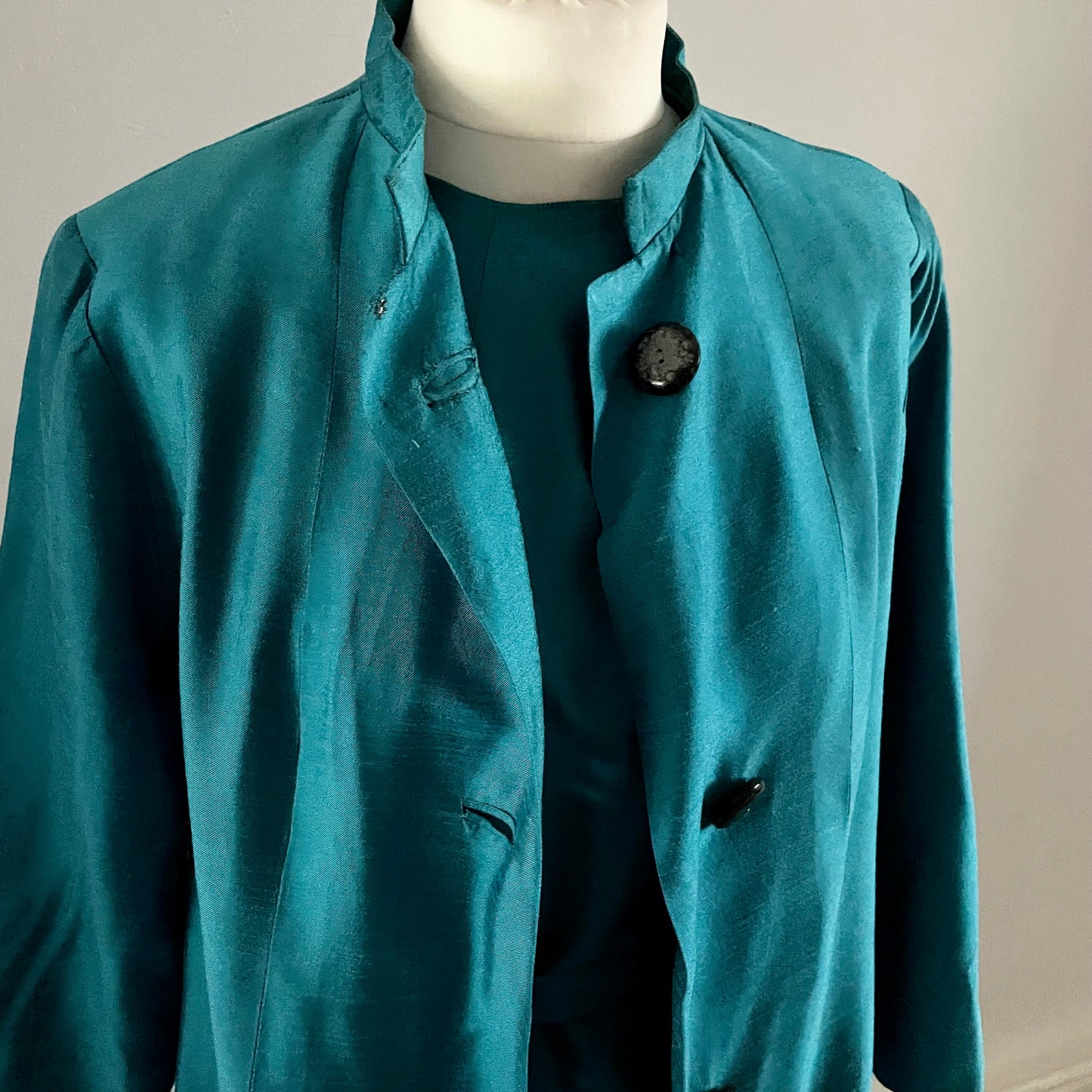 Vintage Blue Raw Silk Handmade Jacket & Shift Dress With Belt Contrast Buttons Purple Lining High Collar.