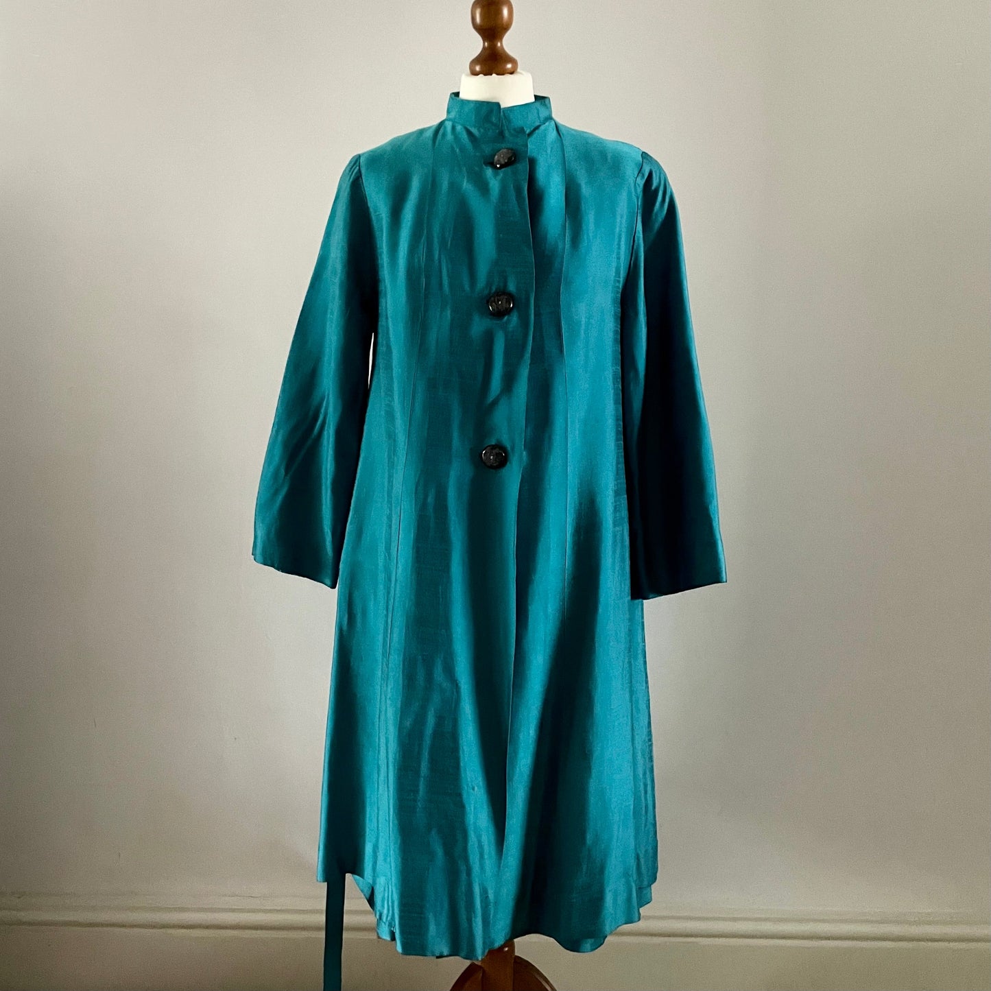 Vintage Blue Raw Silk Handmade Jacket & Shift Dress With Belt Contrast Buttons Purple Lining High Collar.