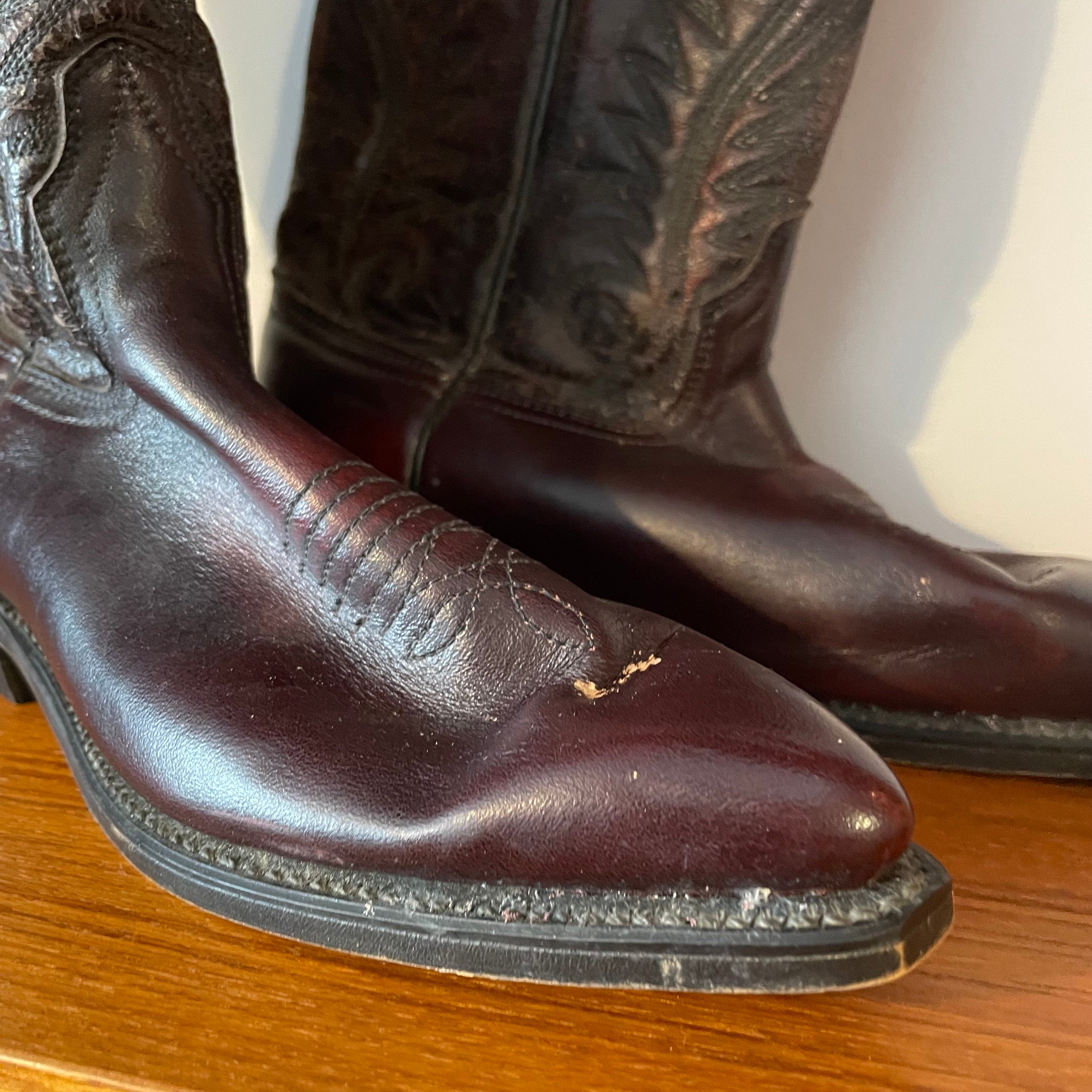 Vintage BURGUNDY RED OXBLOOD POINTED TOE COWBOY BOOTS with ZIG ZAG PATTERN STITCHING UK 3 EU 36 US 5