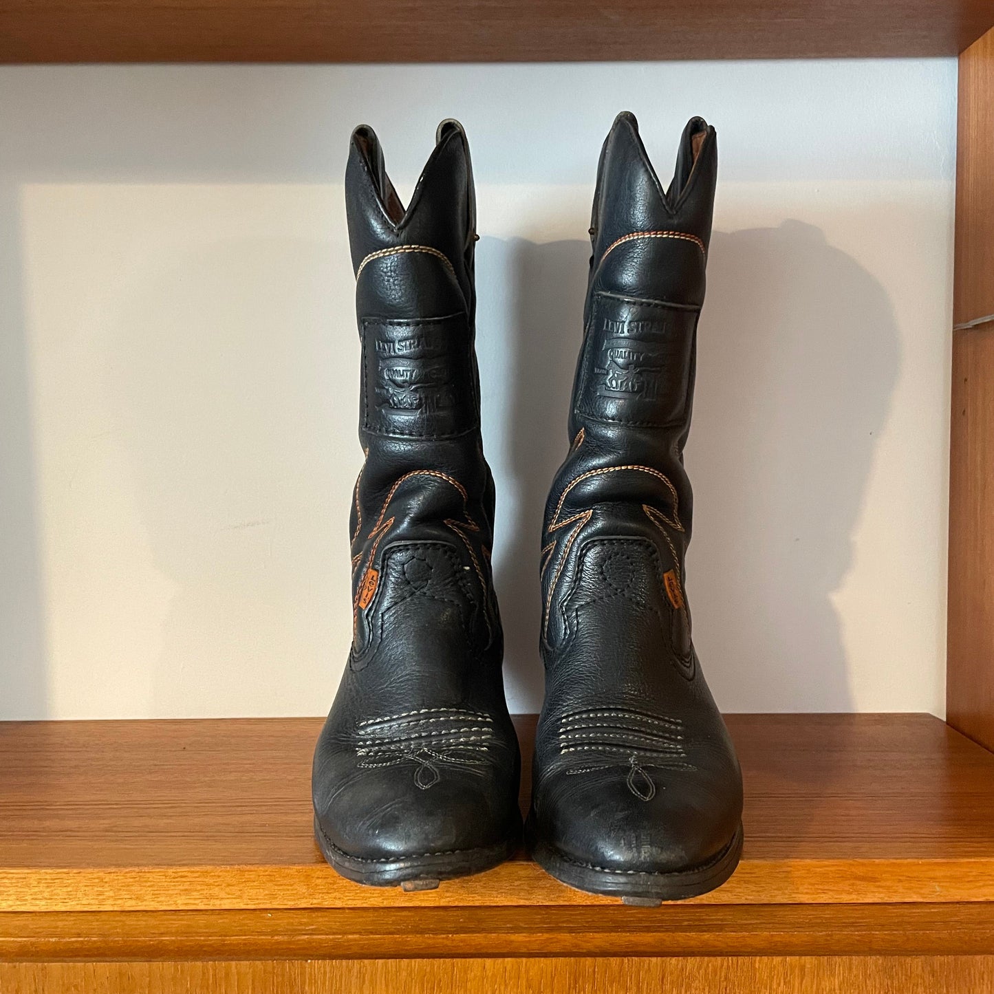 Vintage LEVI'S BLACK LEATHER COWBOY BOOTS WITH ORANGE CONTRAST STITCHING