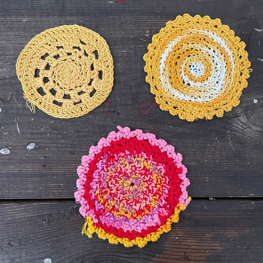 Vintage SET OF 3 SUNSET PINK & YELLOW CROCHET DOILIES HANDMADE