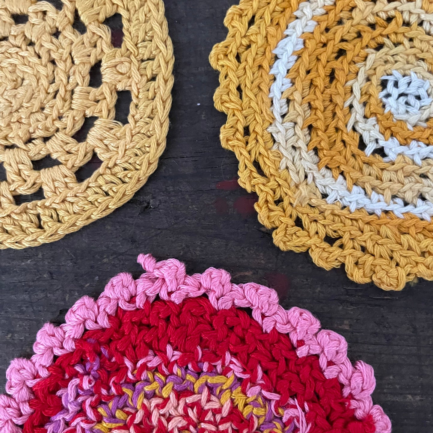 Vintage SET OF 3 SUNSET PINK & YELLOW CROCHET DOILIES HANDMADE