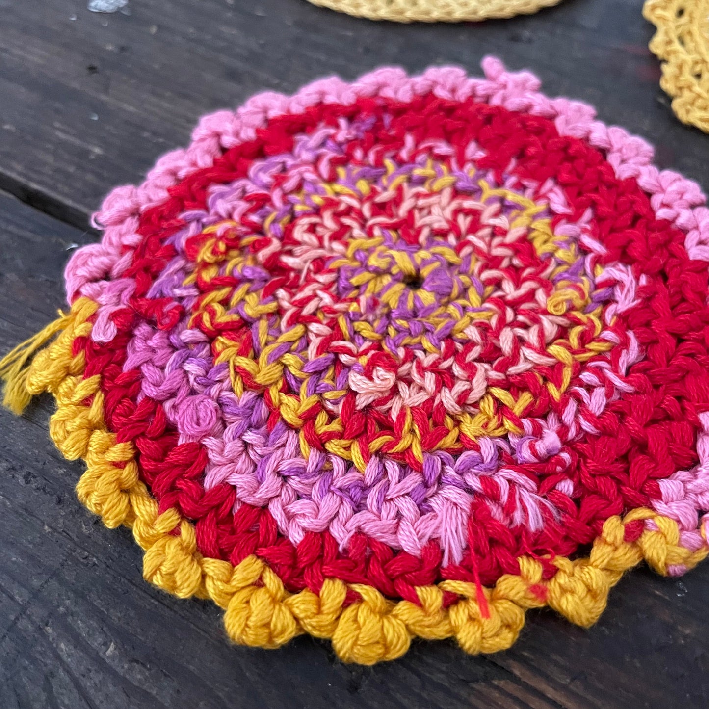 Vintage SET OF 3 SUNSET PINK & YELLOW CROCHET DOILIES HANDMADE