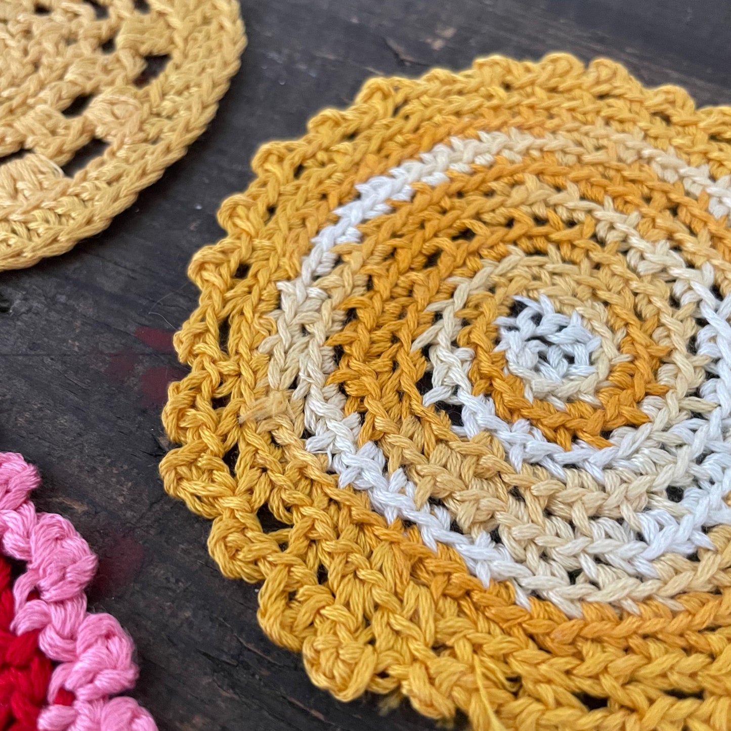 Vintage SET OF 3 SUNSET PINK & YELLOW CROCHET DOILIES HANDMADE