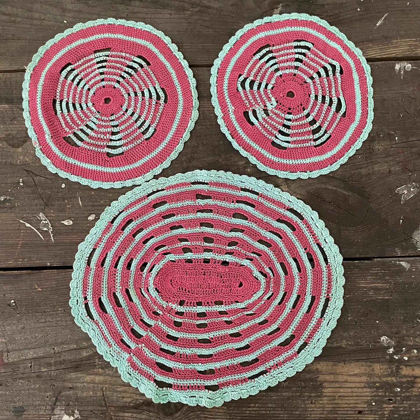 Vintage SET OF 3 Mint Green and purple DOILIES STRIPED OVAL and  ROUND