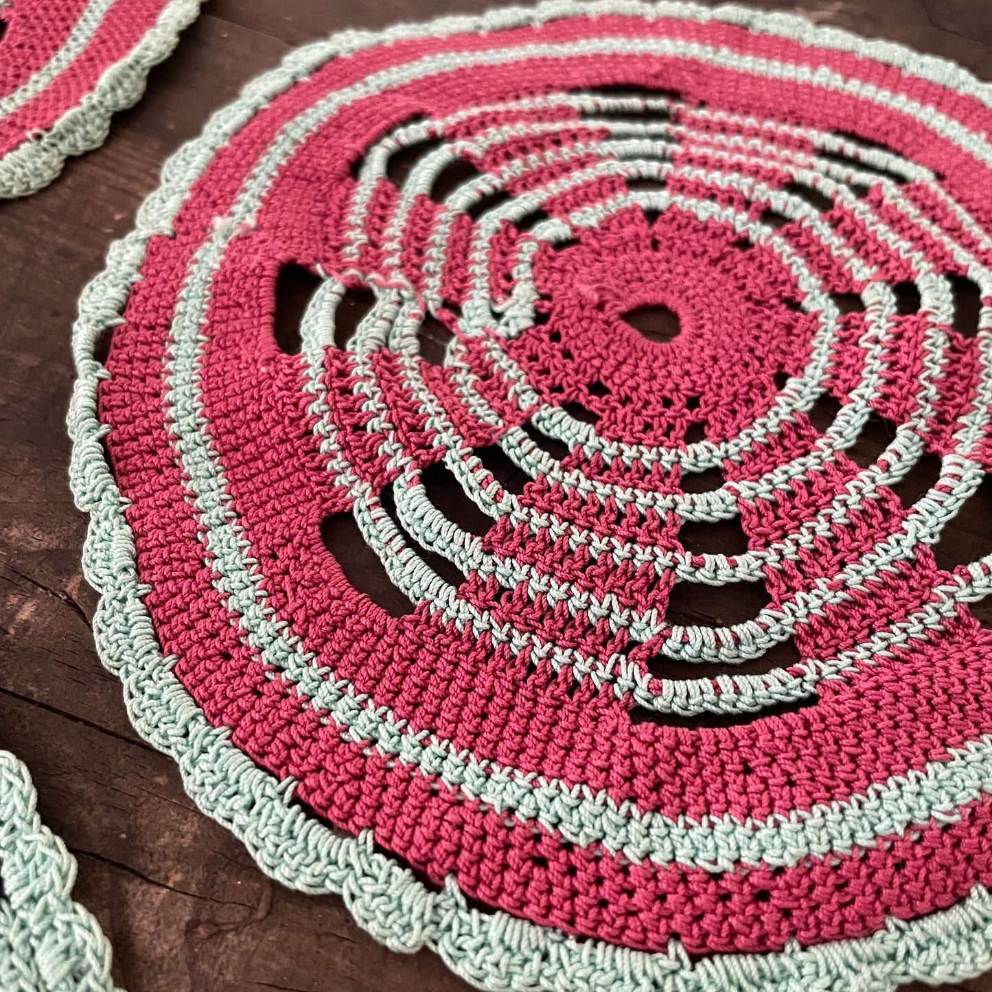 Vintage SET OF 3 Mint Green and purple DOILIES STRIPED OVAL and  ROUND