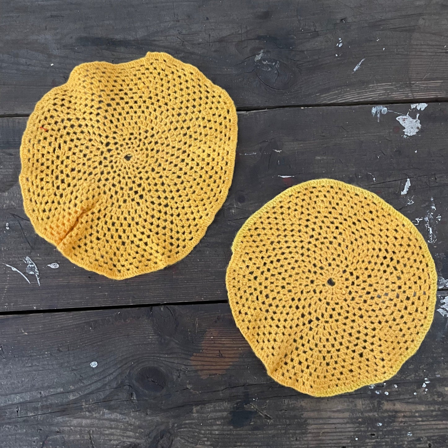 Vintage SET OF TWO YELLOW ORANGE round CROCHET PLACEMATS