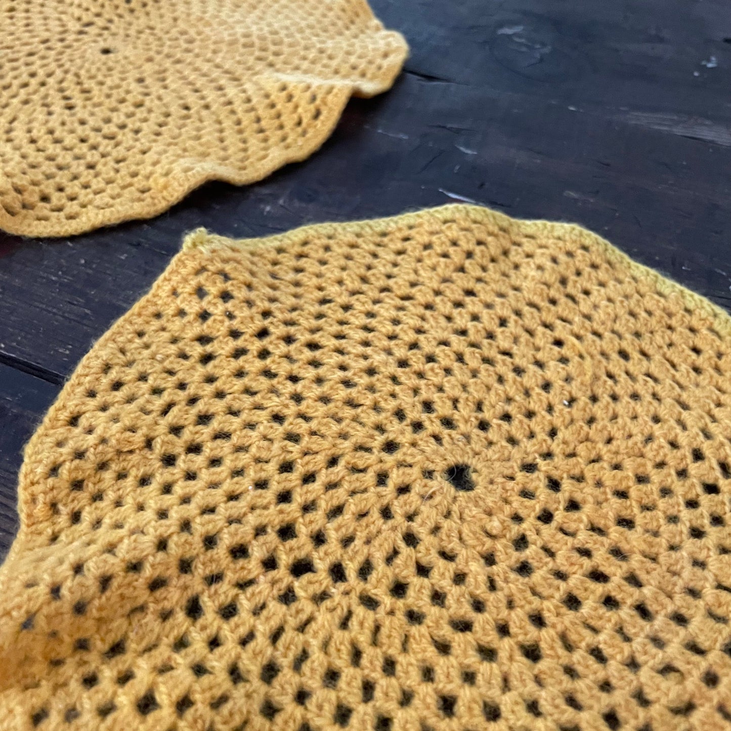 Vintage SET OF TWO YELLOW ORANGE round CROCHET PLACEMATS