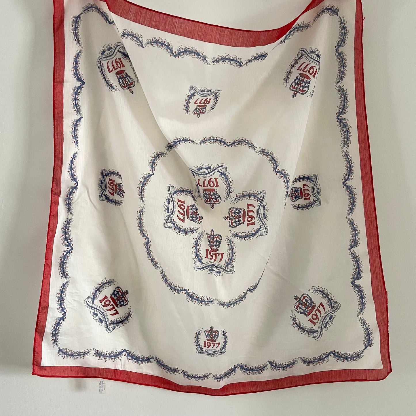 Vintage 1977 red white and blue commemorative scarf. Nylon and Viscose Made in Japan