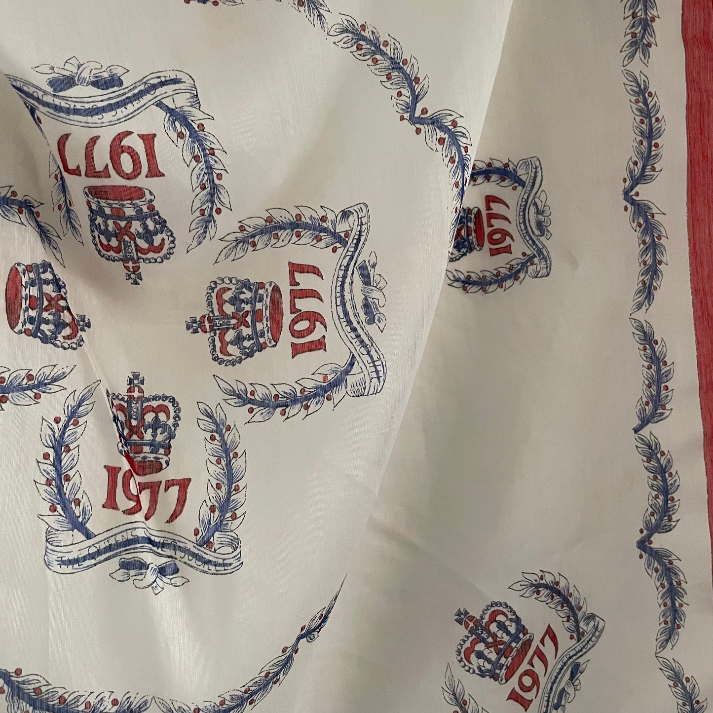 Vintage 1977 red white and blue commemorative scarf. Nylon and Viscose Made in Japan