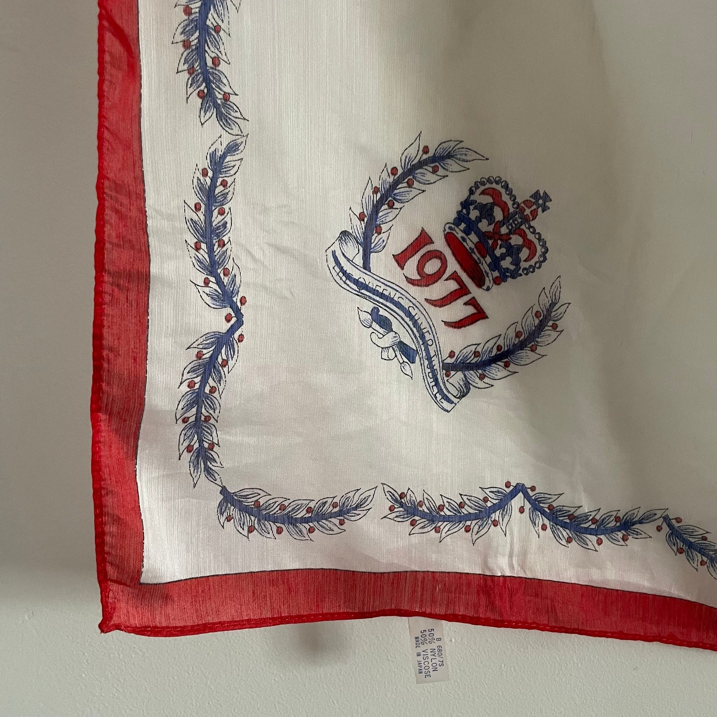 Vintage 1977 red white and blue commemorative scarf. Nylon and Viscose Made in Japan