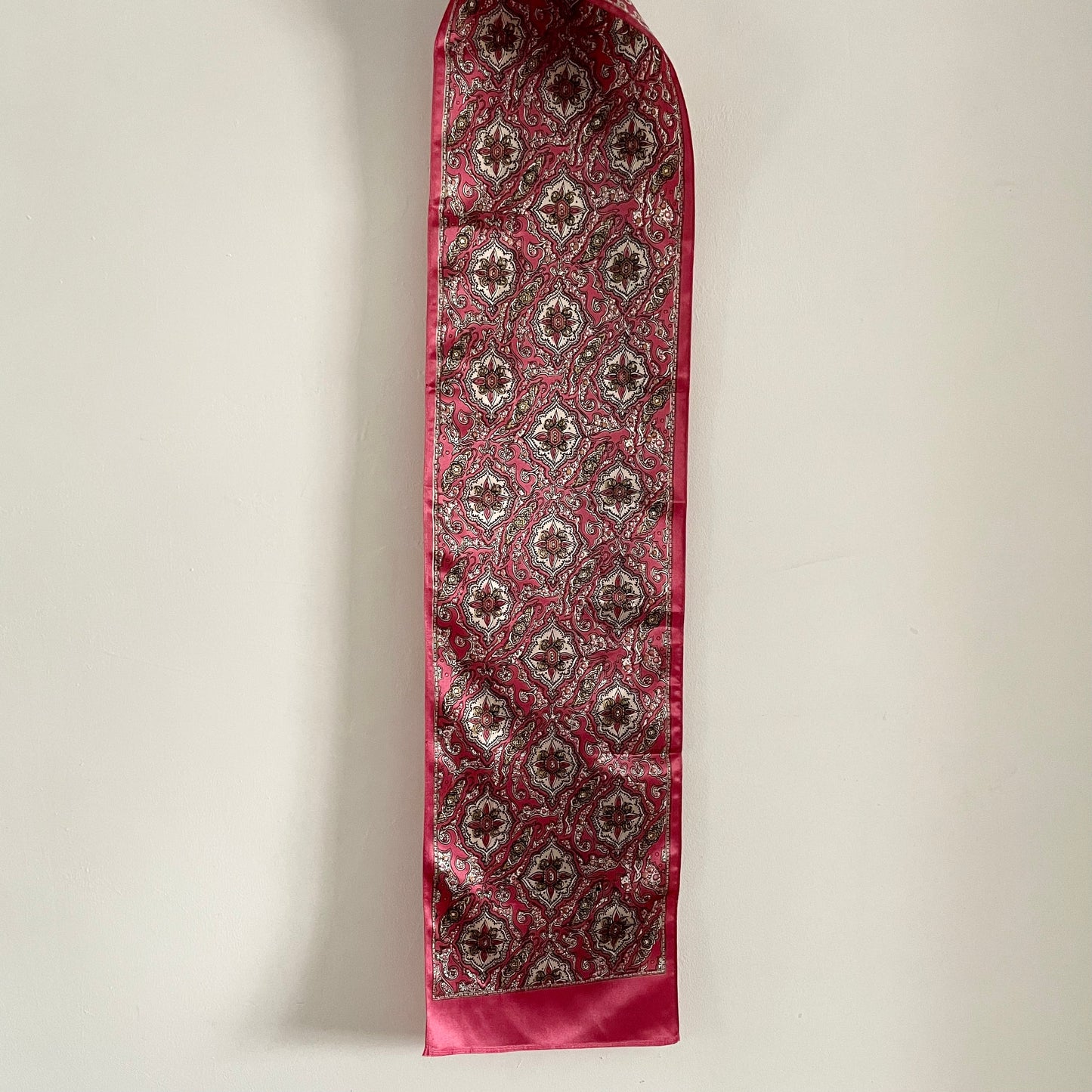 Vintage Long pink & cream thin scarf with abstract pattern