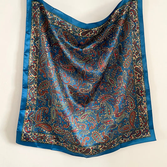 Vintage St Michael Rayon Satin. Made in Italy Blue and Red Paisley Square Patterned Scarf