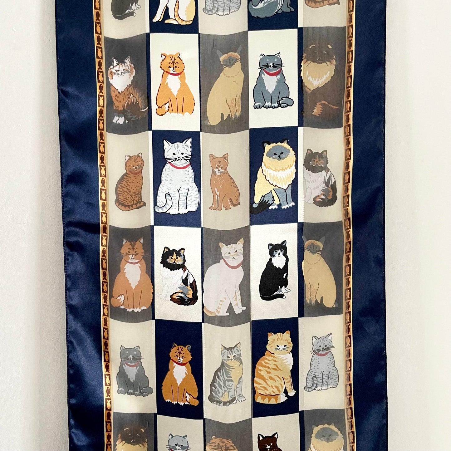 Vintage Navy blue and cream long cat lover scarf. Tabby, Ragdoll, Shorthair, Siamese 