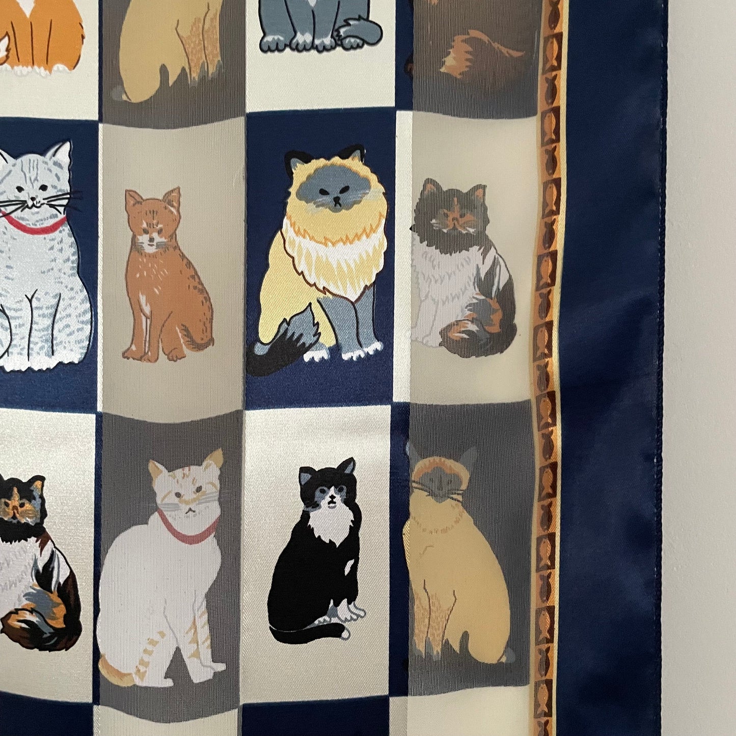 Vintage Navy blue and cream long cat lover scarf. Tabby, Ragdoll, Shorthair, Siamese 