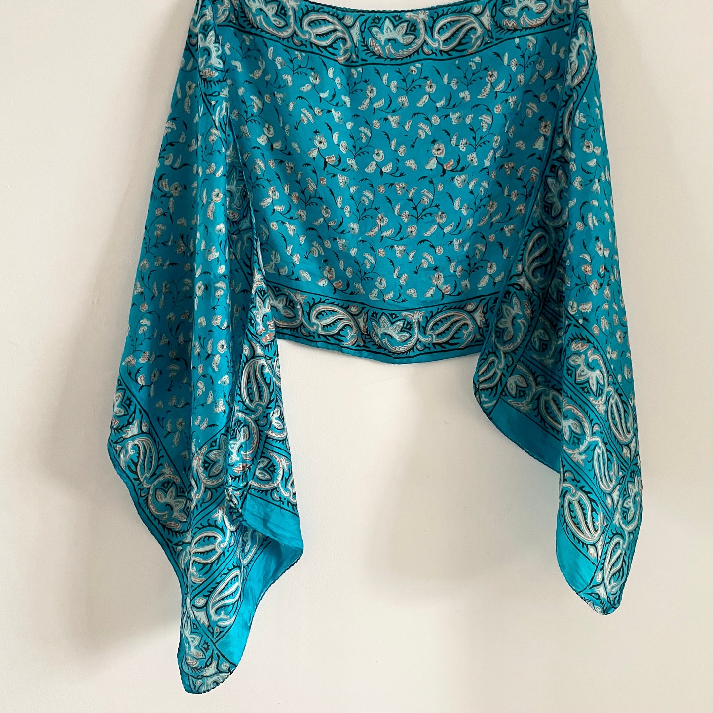 Vintage Turquoise blue and white floral Indian silk paisley rectangular scarf