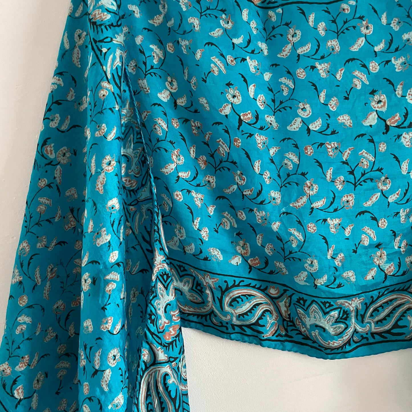 Vintage Turquoise blue and white floral Indian silk paisley rectangular scarf