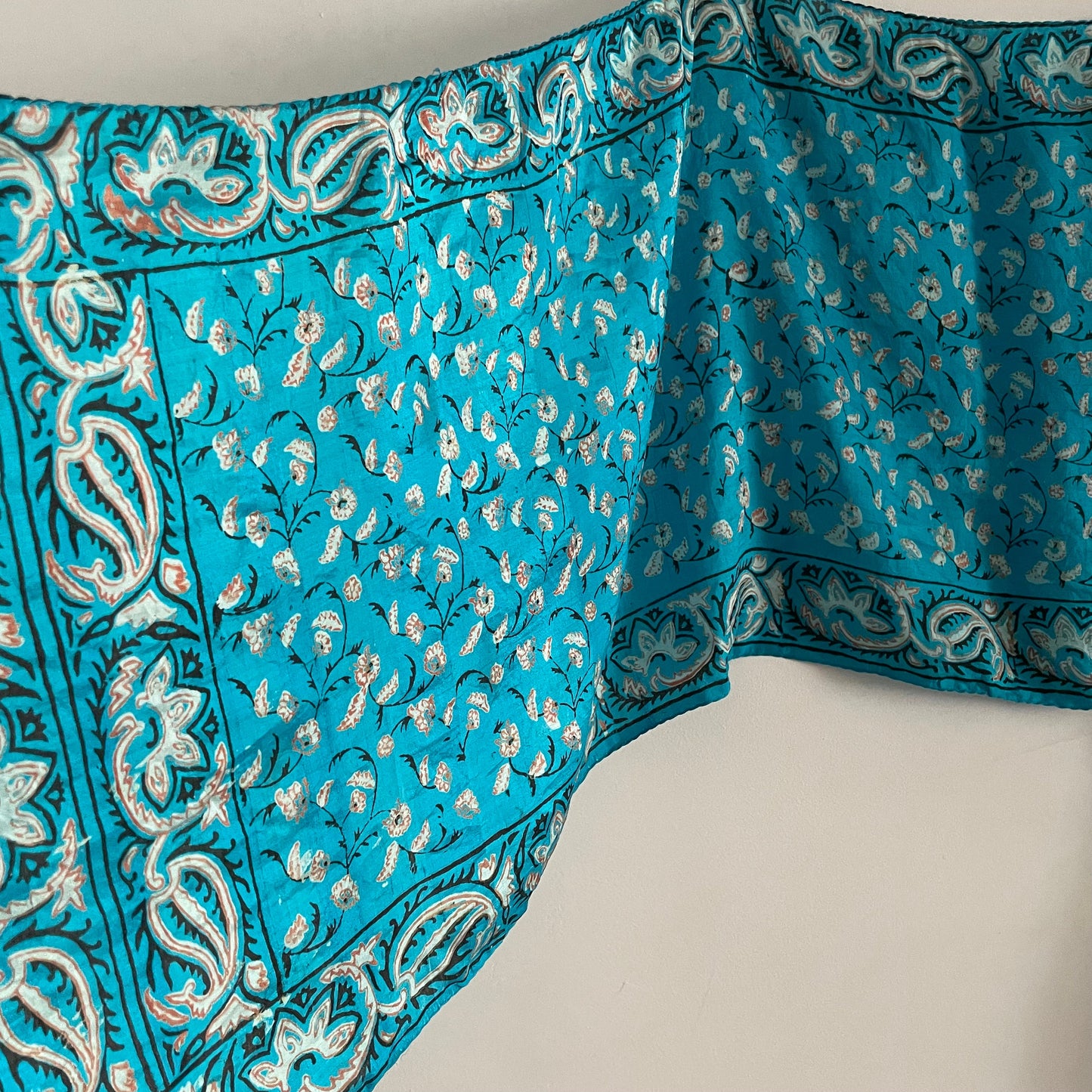 Vintage Turquoise blue and white floral Indian silk paisley rectangular scarf