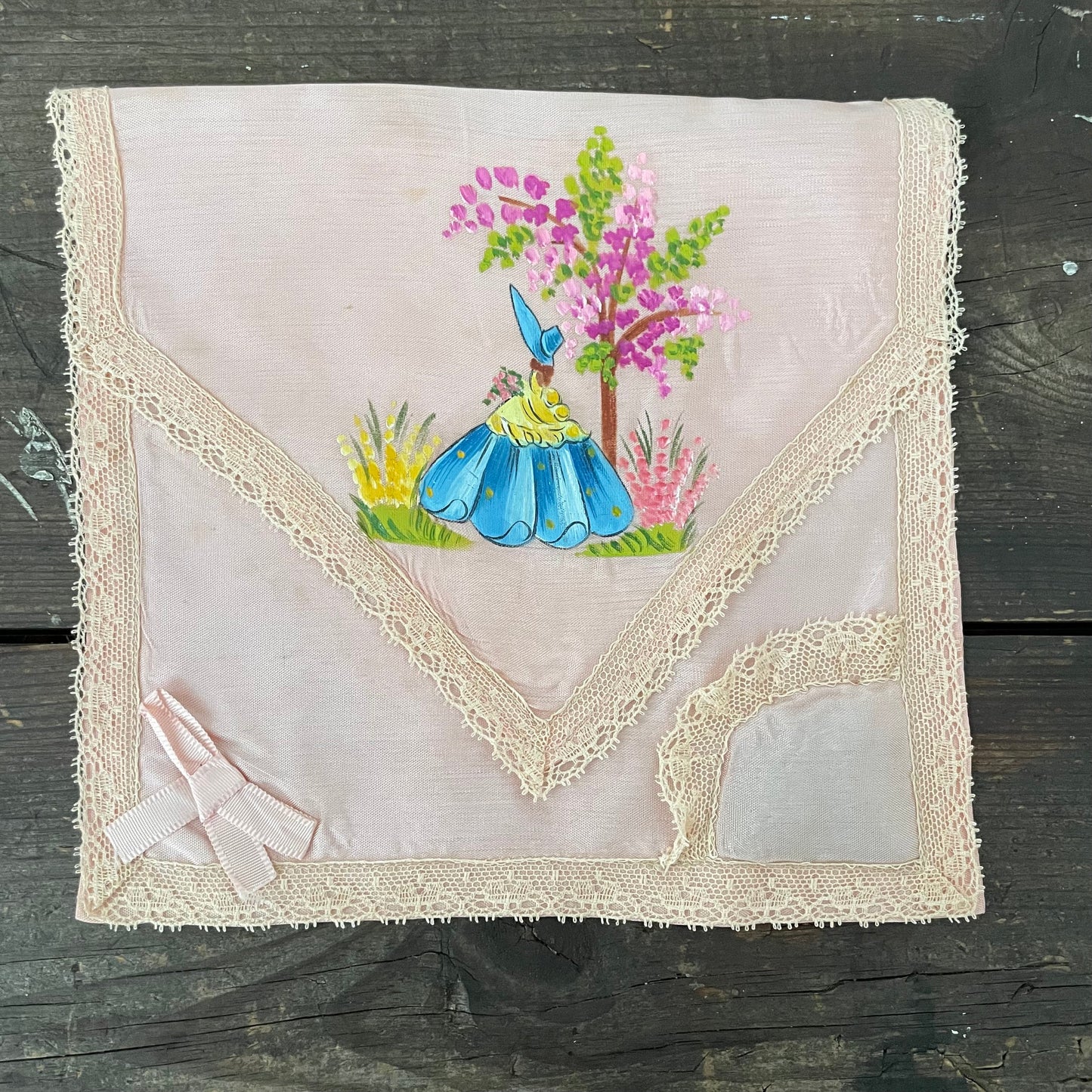 Vintage Pink handmade satin lingerie bag hand painted lady floral lavender bow