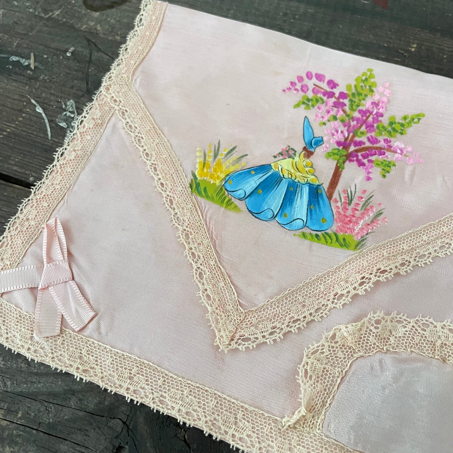 Vintage Pink handmade satin lingerie bag hand painted lady floral lavender bow