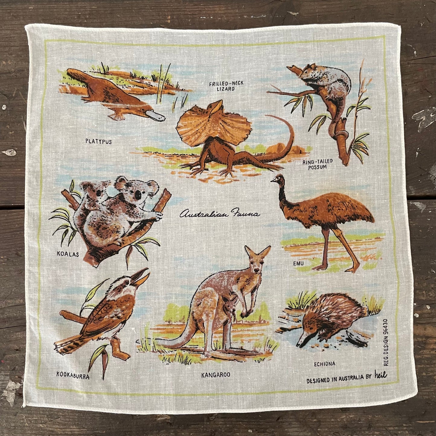 Vintage Australian Fauna Handkerchief Designed in Australia by Heil 96530. Animals, Koala, Kangaroo, Platypus