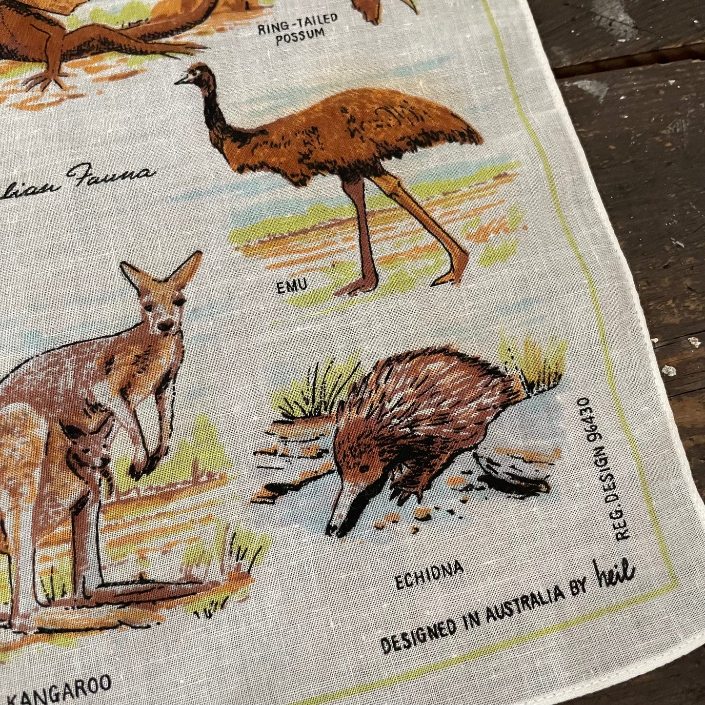 Vintage Australian Fauna Handkerchief Designed in Australia by Heil 96530. Animals, Koala, Kangaroo, Platypus