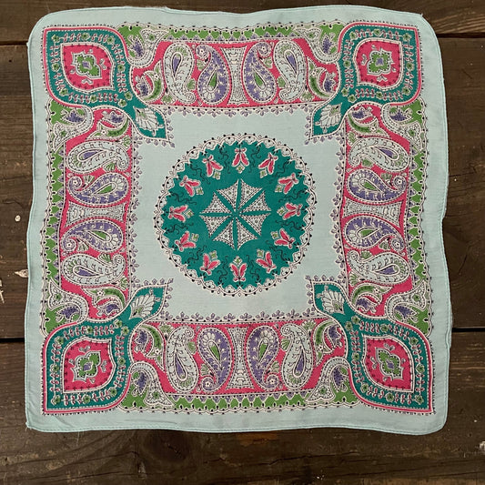 Vintage Handkerchief pocket square green and pink paisley patterned design