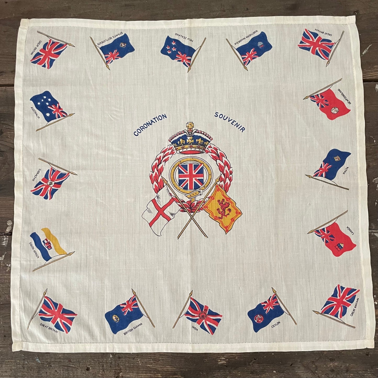 Vintage 1953 Coronation of Queen Elizabeth II Souvenir Great Britain Commonwealth Flag Handkerchief 