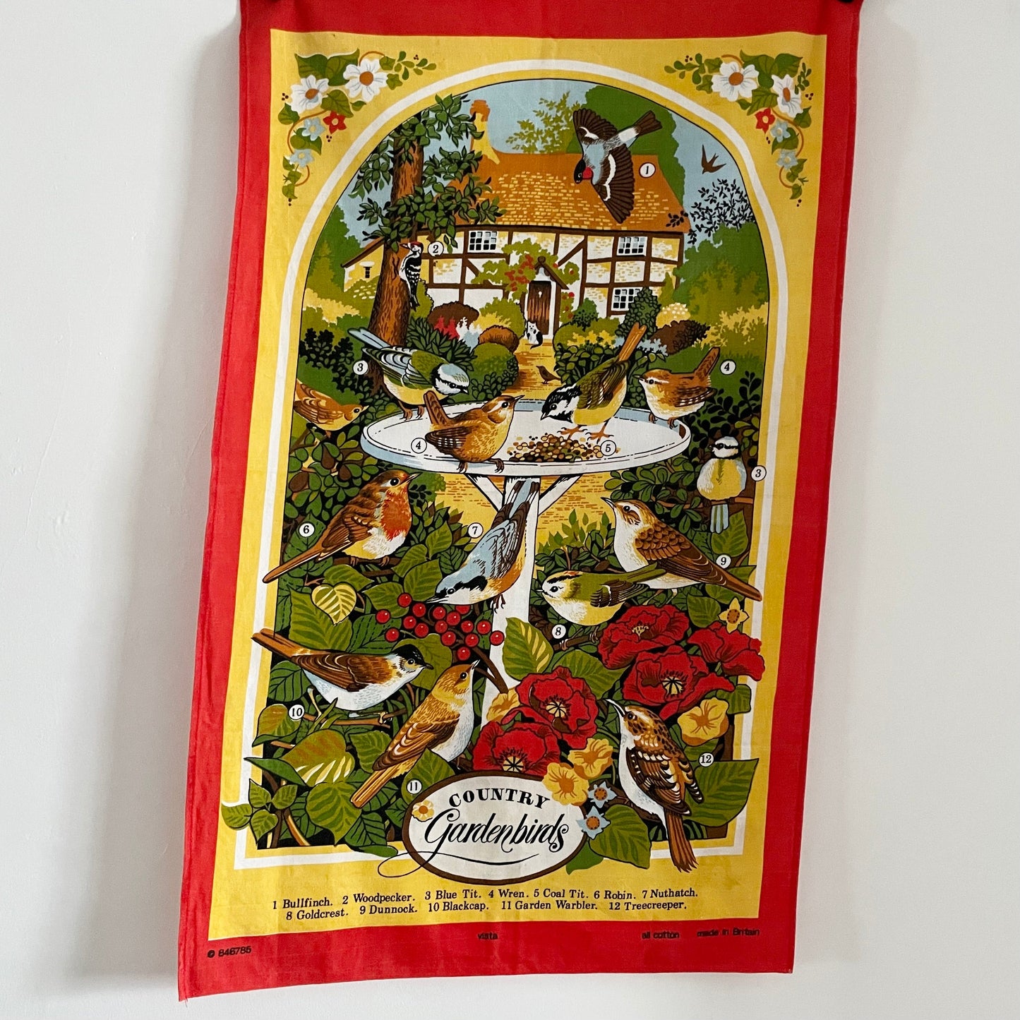 Vintage Country garden birds red & yellow cottage countryside cottage core tea towel. Made in Great Britain