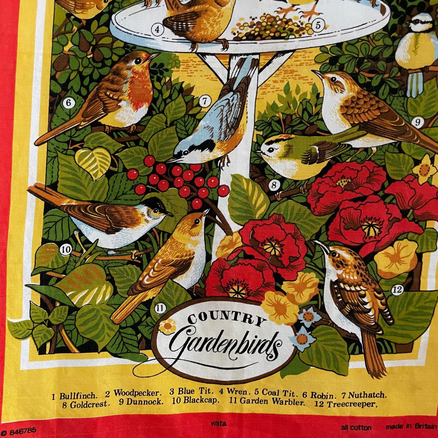 Vintage Country garden birds red & yellow cottage countryside cottage core tea towel. Made in Great Britain