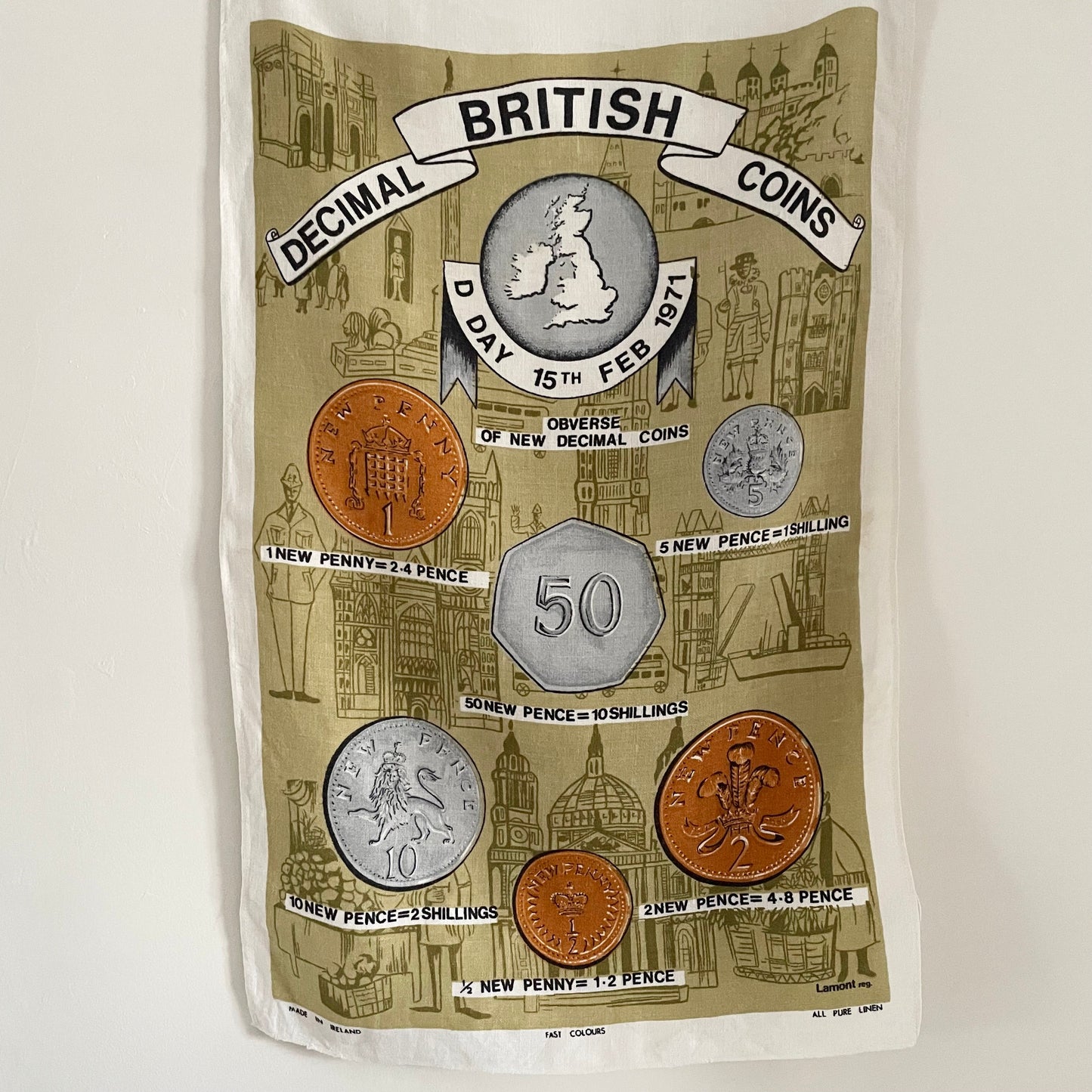 Vintage Decimal British coins tea towel. Made in Ireland. All Irish linen