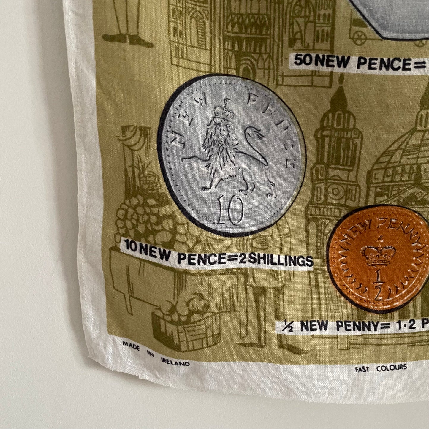 Vintage Decimal British coins tea towel. Made in Ireland. All Irish linen