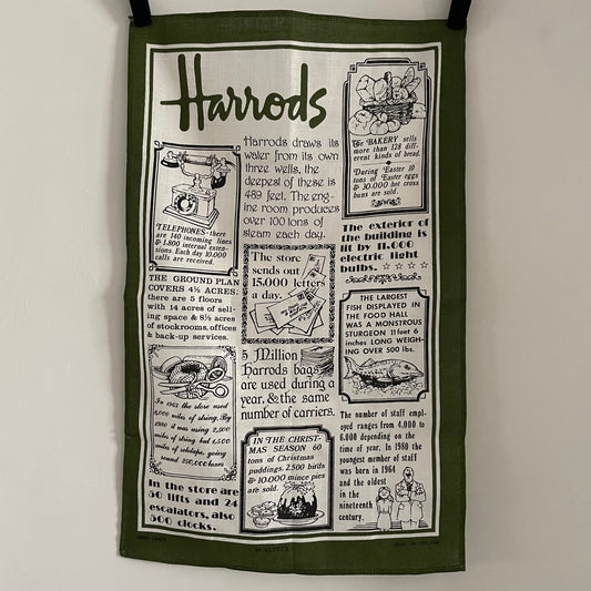 Vintage History of Harrods London Green and White Irish Linen Teatowel