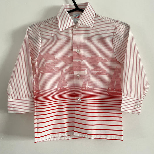 Vintage Cuckoo Made in Hong Kong deadstock red & white children's sailing boat nautical design dagger collar shirt