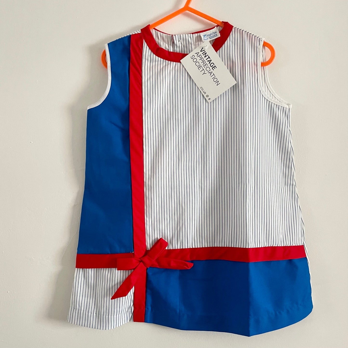 Vintage Deadstock blue red & white children's stripe shift dress, Empire made, Bow detailing