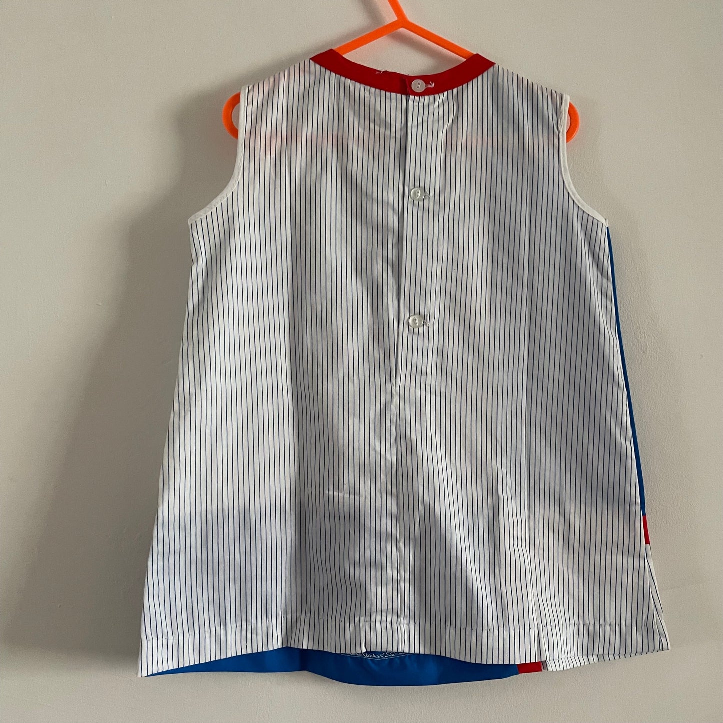 Vintage Deadstock blue red & white children's stripe shift dress, Empire made, Bow detailing